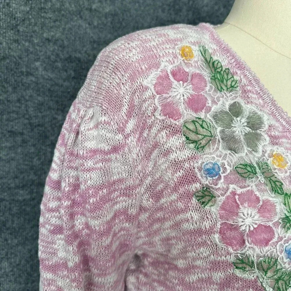 Vintage Floral Sweater Womens Small Pink Pastel Modest V-Neck 80s Pullover - Picture 2 of 16
